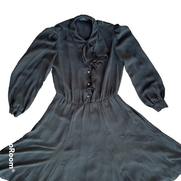 VTG Jeri New York Chiffon Black Sheer Ruffle Button Front Dress Long Sleeve 8 - Picture 9 of 11